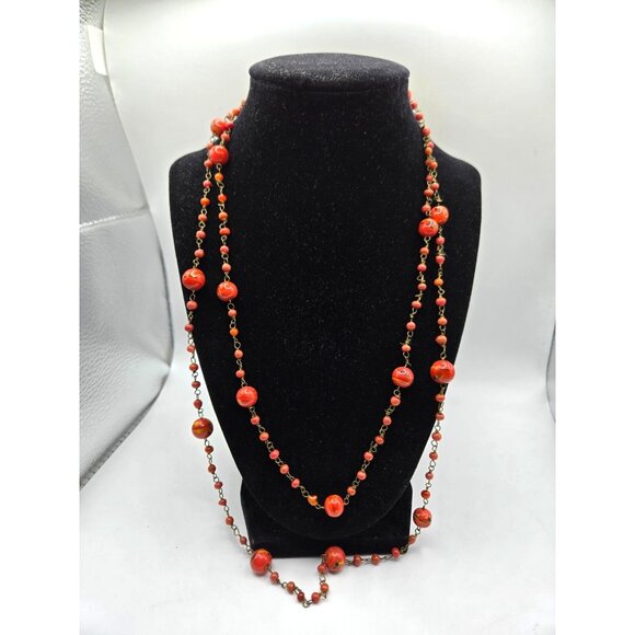 Vintage HandPainted Glass Bead Necklace Red Coral Tone Lampwork Mid Century Boho - Picture 4 of 4